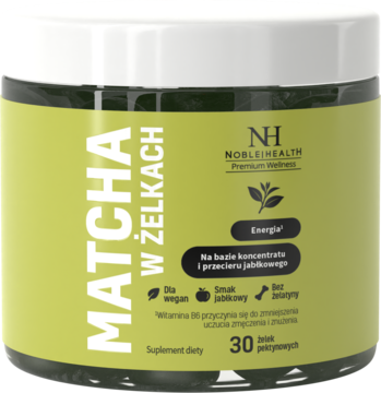 Zielony słoik Noble Health Matcha W Żelkach z B12 bez cukru, biała nakrętka, napis pionowo, widok z przodu.