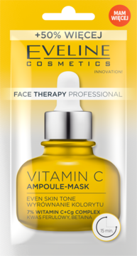 Eveline Vitamin C Ampoule-Mask w żółtym opakowaniu, z pipetą, na nierówny koloryt skóry, widok z przodu.