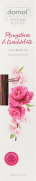 Domol Perfume & Style Raumduft Nachfüllpack Pfingstrose & Kirschblüte, białe opakowanie z różowymi kwiatami, widok z przodu.
