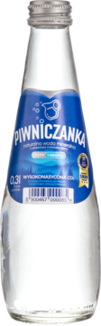 Butelka Piwniczanka naturalna woda mineralna, 0.3l, wysokonasycona CO2, niebieska etykieta, widok z przodu.