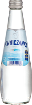 Szklana butelka wody mineralnej Piwniczanka 0.3l, z niebiesko-białą etykietą, nisko nasycona CO2, z magnezem, widok z przodu.