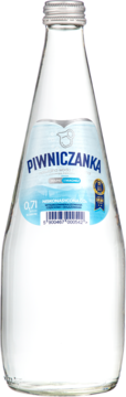 Wysokozmineralizowana woda Piwniczanka 0,7l w szklanej butelce, niebieska etykieta, srebrna nakrętka, przód.
