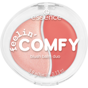 Kremowy róż-balsam Essence Feelin' Comfy Duo, okrągłe opakowanie z brzoskwinią i koralem, widok z góry.