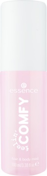 Jasnoróżowa butelka essence COMFY hair & body mist 100ml na białym tle, widok z przodu, z białymi napisami.