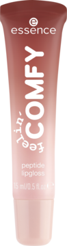 essence Comfy Peptide Lipgloss w brązowo-różowej tubce, z białym napisem i logo, widok z przodu.