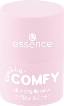 Jasnoróżowy Essence Feelin'-COMFY plumping lip glow, okrągłe opakowanie z białym napisem, widok z przodu.