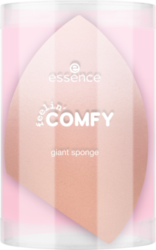 Gąbka do makijażu Essence Feelin' Comfy Giant Sponge, różowo-beżowa w pionowe pasy, w przezroczystym opakowaniu.