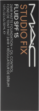 MAC Studio Fix Fluid SPF 15, 24H matujący podkład z kontrolą sebum, czarne pudełko, widok z przodu.