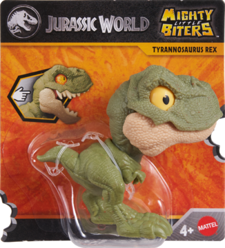 Zielona figurka Jurassic World Mighty Little Biters T-Rex z ruchomą paszczą, w oryginalnym blistrze.