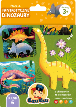 Kolorowe puzzle Czuczu Fantastyczne Dinozaury dla dzieci 3+, z żółtym dinozaurem i 5 układankami po 45 elem.