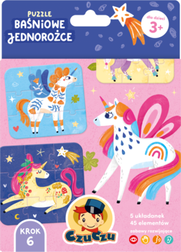 Opakowanie puzzli CzuCzu Baśniowe Jednorożce dla dzieci 3+, 5 kolorowych układanek, 45 elementów, widok przodu.
