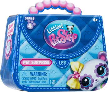 Littlest Pet Shop Series 4 Pet Surprise blind box, niebieska pikowana torebka z różową rączką i pandą.
