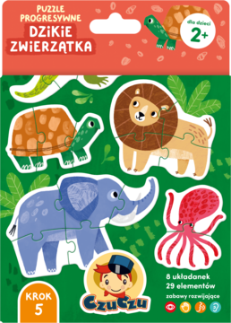 Kolorowe puzzle progresywne Czuczu Dzikie Zwierzątka 2+ z lwem, słoniem, żółwiem, ośmiornicą, na zielonym tle.