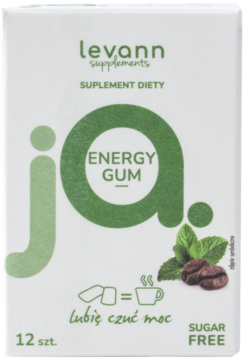 Białe opakowanie Levann Energy Gum, zielone logo 'ja', kawa, mięta. Suplement diety na energię, bez cukru, 12 sztuk.