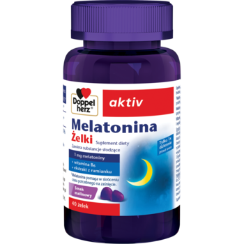 Fioletowa butelka Doppelherz aktiv Melatonina Żelki, 60 żelków z melatoniną i rumiankiem, biała etykieta, widok z przodu.