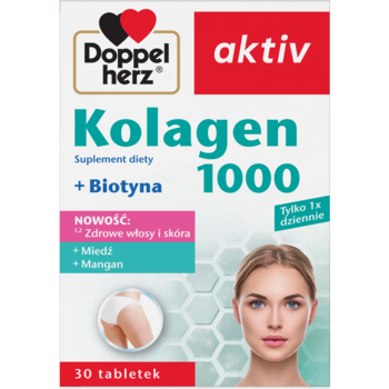 Doppelherz aktiv Kolagen 1000 + Biotyna na zdrowe włosy i skórę, biało-czerwone opakowanie, widok z przodu.