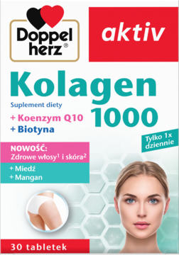 Widok z przodu suplementu Doppelherz aktiv Kolagen 1000, 30 tabletek. Biało-czerwone opakowanie z kobietą, Koenzym Q10, Biotyna.