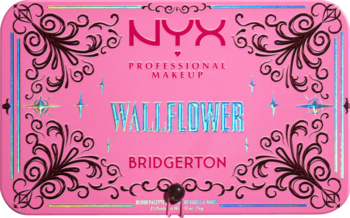Różowa paleta do makijażu NYX Wallflower Bridgerton, z czarnymi ornamentami i holograficznym napisem na wierzchu.