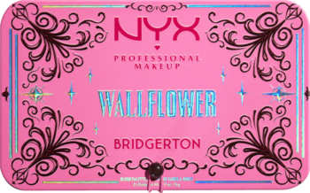 Różowa paleta do makijażu NYX Wallflower Bridgerton, z czarnymi ornamentami i holograficznym napisem na wierzchu.