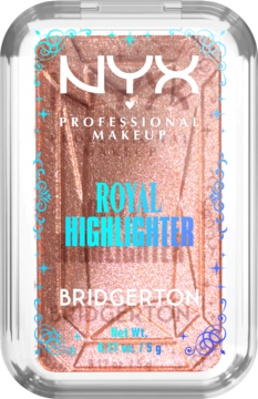 NYX Royal Highlighter Bridgerton, różowo-złoty puder rozświetlający w transparentnej kasetce z niebieskimi wzorami.