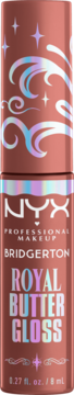 NYX Bridgerton Royal Butter Gloss w różowo-brązowej tubce, z holograficznym napisem i zdobieniami w gwiazdki.