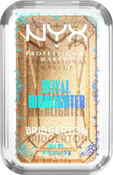 NYX Bridgerton Royal Highlighter w złotym odcieniu, w przezroczystym prostokątnym opakowaniu, widok z przodu.