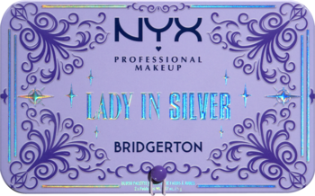 Fioletowa paleta cieni NYX Professional Makeup Lady in Silver Bridgerton, z holograficznym napisem i ozdobnym wzorem.