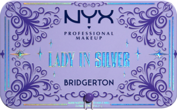 Fioletowa paleta cieni NYX Professional Makeup Lady in Silver Bridgerton, z holograficznym napisem i ozdobnym wzorem.