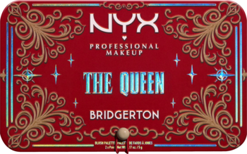 Czerwona, prostokątna paleta makijażowa NYX x Bridgerton 'The Queen' ze złotymi zdobieniami, widok z przodu.