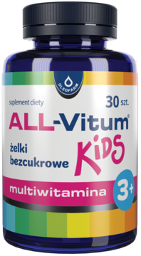 Niebieska butelka suplementu ALL-Vitum Kids z czarną zakrętką, na etykiecie "multiwitamina 3+" i "żelki bezcukrowe" dla dzieci, 30 sztuk.