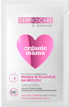 Dermo-Care organic mama ujędrniająca maska w płachcie na brzuch, biała saszetka z różowym sercem.