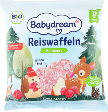 Babydream Reiswaffeln Himbeere, biała saszetka z rysunkami leśnych zwierząt i różowymi waflami ryżowymi w kształcie serca.