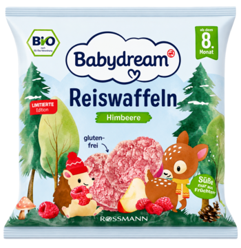 Babydream Bio wafle ryżowe malinowe w białym opakowaniu z leśną grafiką, widoczne różowe wafelki w serca.