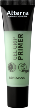 Alterra Gel Grip Primer pod makijaż, miętowa tubka z czarną zakrętką, z logo Vegan, widok z przodu.