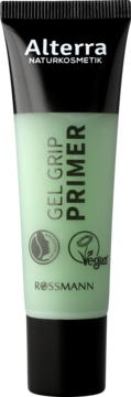 Alterra Gel Grip Primer pod makijaż, miętowa tubka z czarną zakrętką, z logo Vegan, widok z przodu.