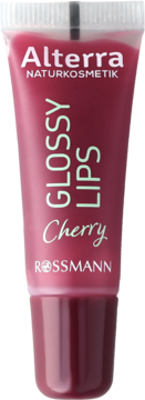 Alterra Glossy Lips Cherry, błyszczyk do ust w różowej tubce, z organicznym jojoba, widok z przodu, lśniące wykończenie.