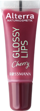 Alterra Glossy Lips Cherry, błyszczyk do ust w różowej tubce, z organicznym jojoba, widok z przodu, lśniące wykończenie.