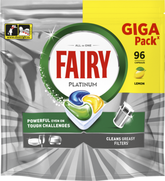 Fairy Platinum GIGA Pack 96 cytrynowych kapsułek All in One do zmywarki, srebrna torba, widok z przodu.