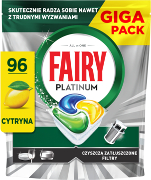 Fairy Platinum Giga Pack 96 cytrynowych kapsułek All in One, front zielono-srebrnego opakowania z cytryną.