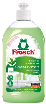 Frosch Balsam do mycia naczyń Zielona Herbata, zielona butelka z białym dozownikiem, widok z przodu. Delikatny dla skóry.
