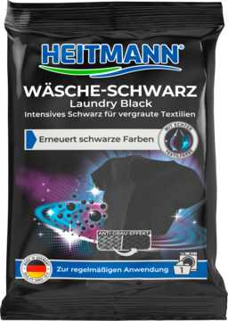 Heitmann Wäsche-Schwarz, środek do intensywnej czerni tkanin. Czarna saszetka z grafiką koszulki, widok z przodu.
