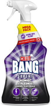 Fioletowo-czarny spray Cillit Bang Expert Koniec z Pleśnią, z żółtą etykietą MEGA PACK, frontalny widok, usuwa pleśń.