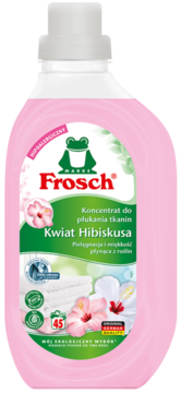 Różowy hipoalergiczny koncentrat do płukania tkanin Frosch Kwiat Hibiskusa, widok z przodu.