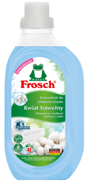 Frosch koncentrat do płukania tkanin z kwiatem bawełny, hipoalergiczny, w niebieskiej butelce, widok z przodu.