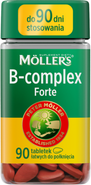 Zielona butelka Möller's B-complex Forte, 90 tabletek na 90 dni, wspiera skórę i układ nerwowy.