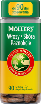 Möller's Włosy Skóra Paznokcie, 90 tabletek w zielono-żółtym pojemniku z logo Peter Möller, widok z przodu.