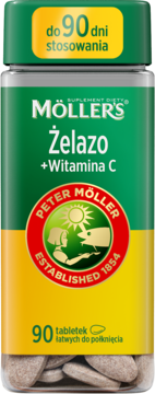 MÖLLER'S Żelazo + Witamina C, suplement diety na zmęczenie, 90 tabletek, zielono-żółte opakowanie, widok z przodu.