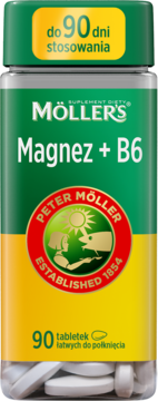 MÖLLERS Magnez + B6, suplement diety, zielona butelka, "do 90 dni stosowania", 90 tabletek, widok z przodu.