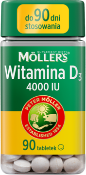 Suplement diety Möller's Witamina D3 4000 IU, 90 tabletek, zielono-żółta butelka, widok z przodu.