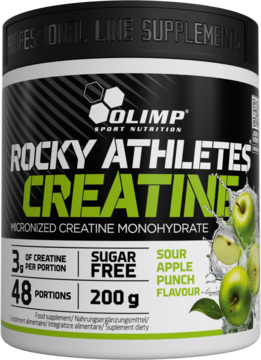 Olimp Rocky Athletes Creatine, czarny tubus 200g, zielony napis CREATINE, smak Sour Apple Punch, widok przód.